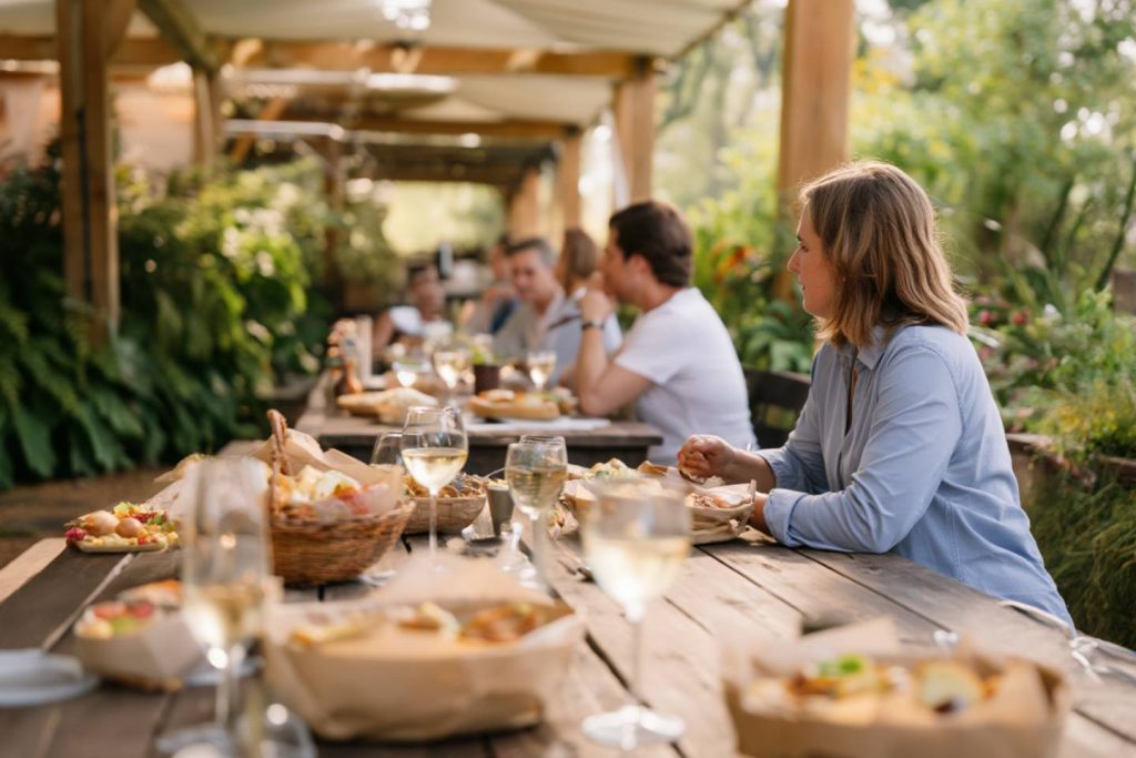 Communal outdoor tables at Oxbow Public Market in Napa Valley with simple meals made from locally produced small-batch foods.