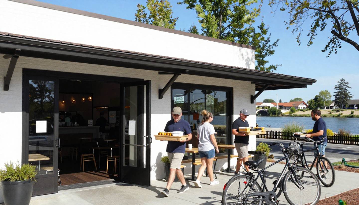 Oxbow Public Market in downtown Napa with visitors carrying casual meals and outdoor seating along the Napa Riverfront.