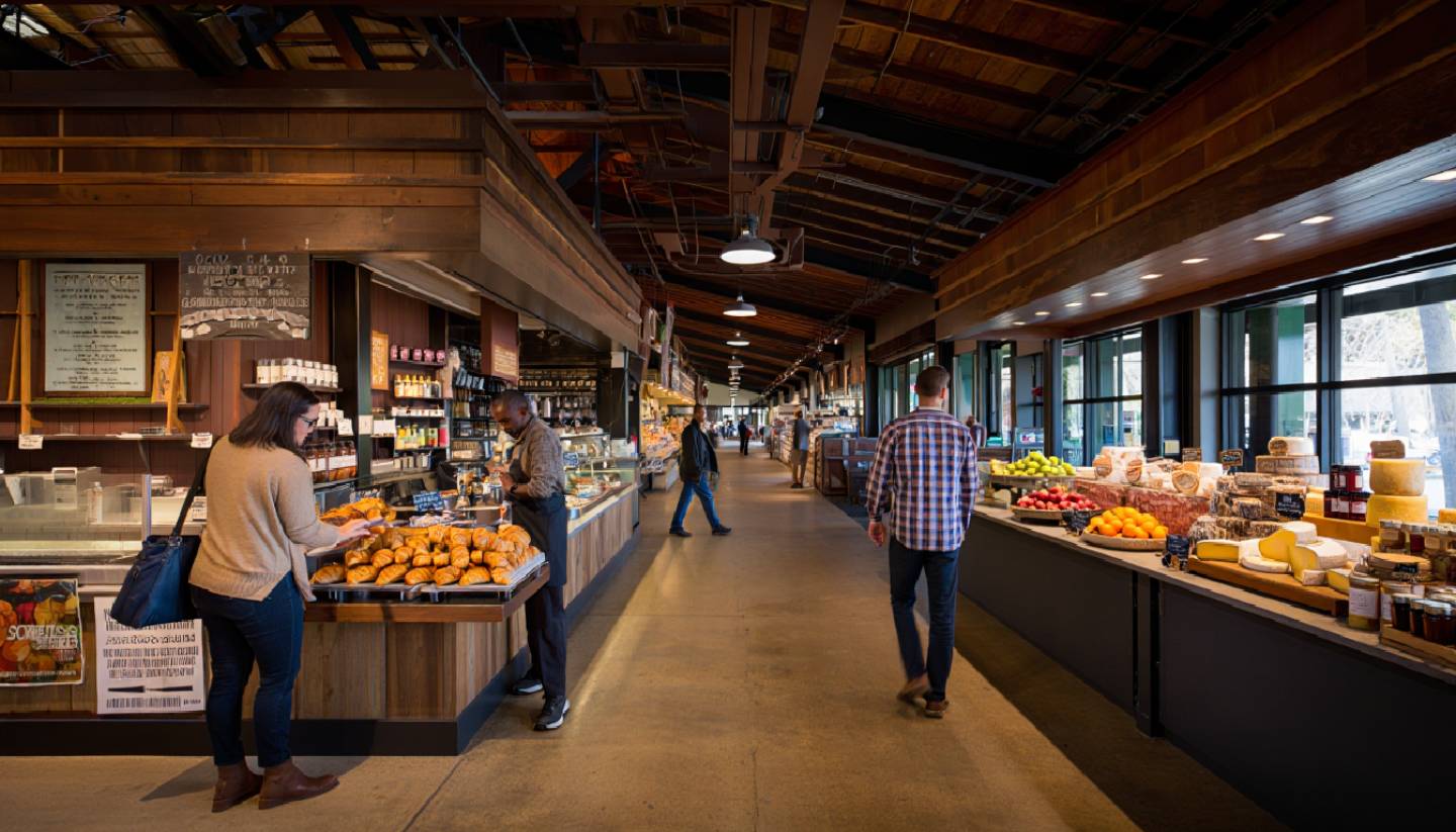 Visitors browsing food vendors at Oxbow Public Market in Napa Valley, showing casual dining options that do not require advance reservations.