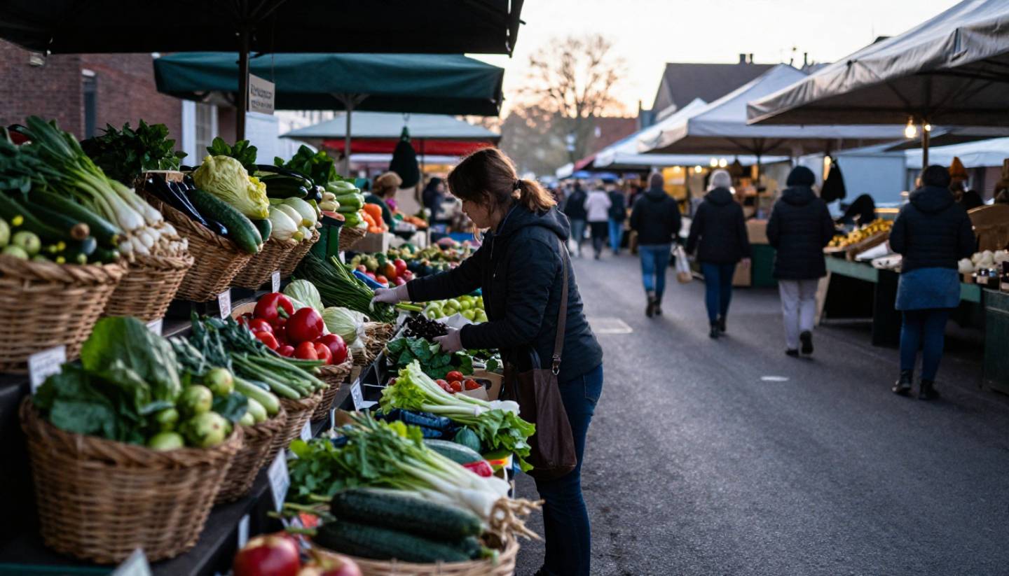Chefs and cooking class participants selecting fresh produce at Oxbow Public Market in Napa Valley for a market to table culinary workshop.