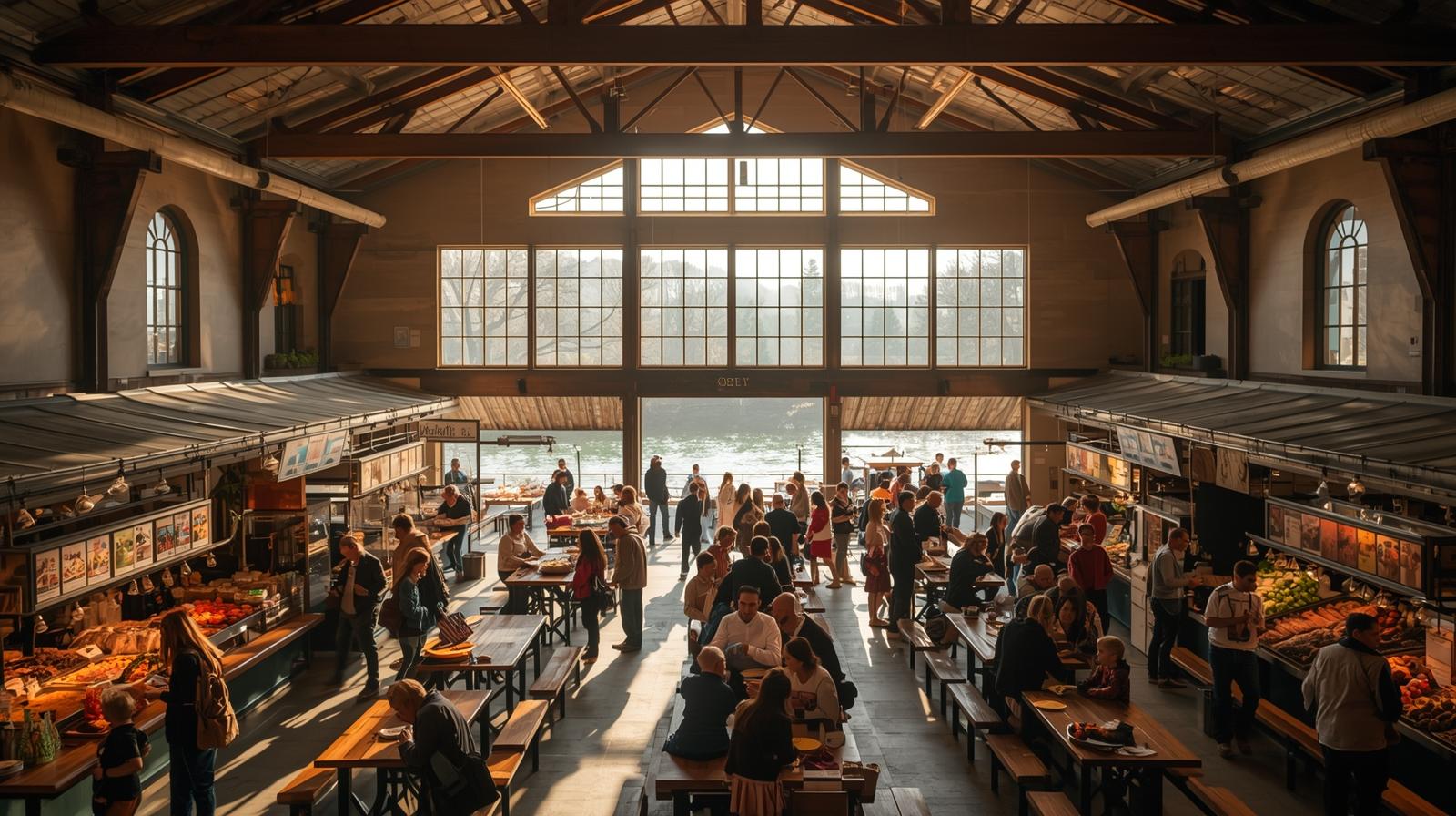  Families dining at communal tables inside Oxbow Public Market in downtown Napa Valley.