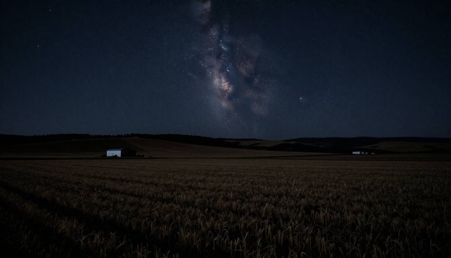 Dark rural landscape in Pope Valley, Napa County, with stars visible in the night sky and minimal artificial lighting.