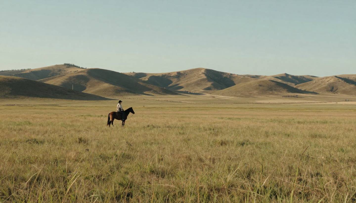 A horseback rider crossing open ranchland in Pope Valley, Napa County, with rolling hills and wide sky emphasizing the rural landscape and sense of space