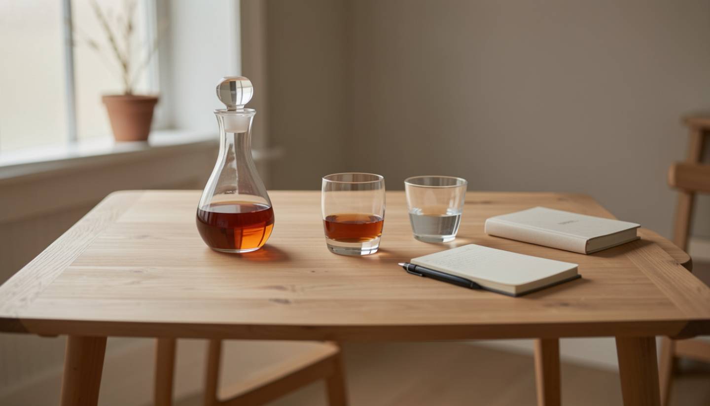 Private reserve wine tasting setup in Napa Valley with tasting glasses, decanter, and notebook in a calm, cellar-focused setting.