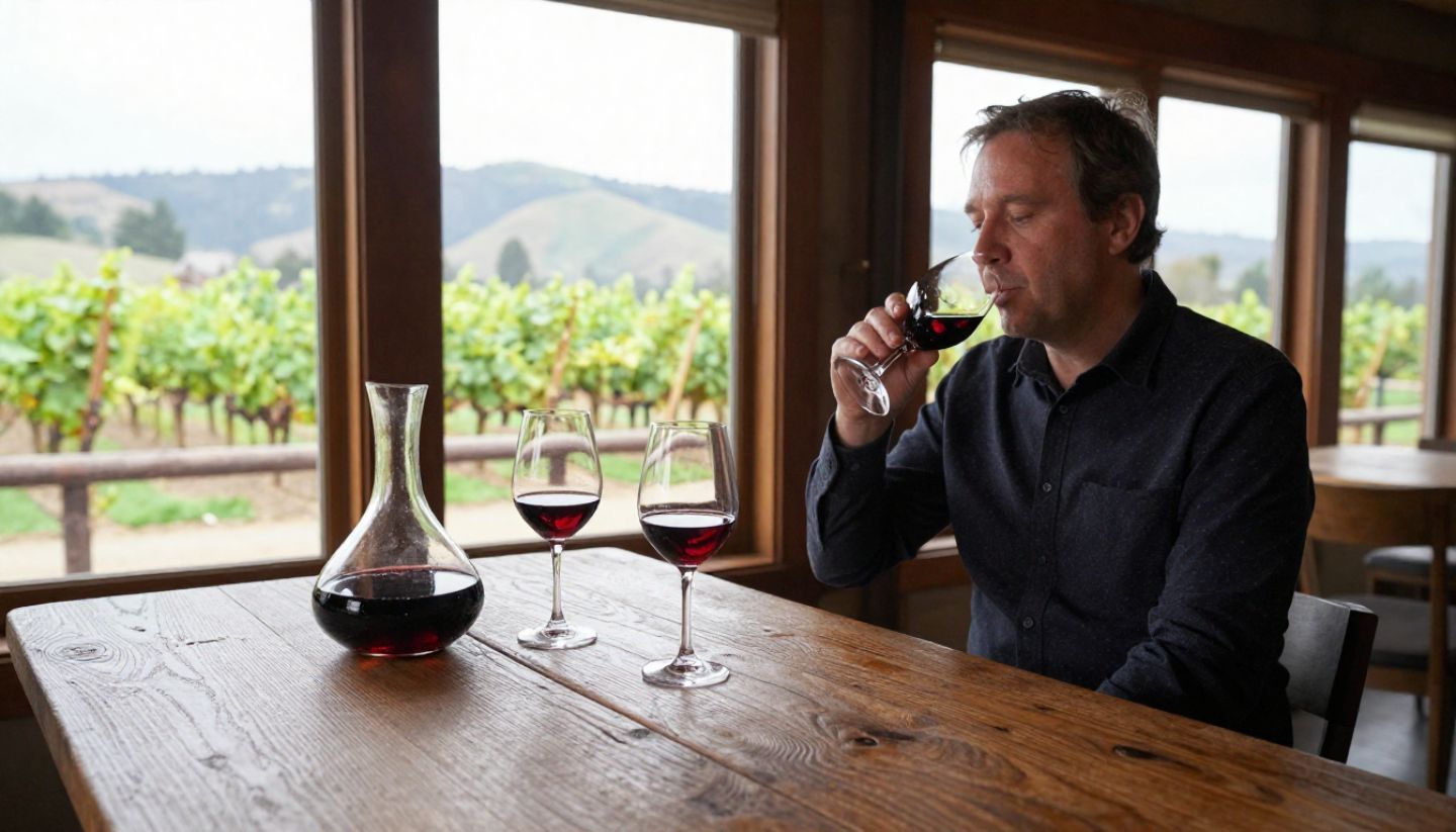Private seated wine tasting in Napa Valley featuring aged Cabernet Sauvignon in crystal glasses, a decanter on a wooden table, and vineyard views through large windows in a boutique estate tasting room.