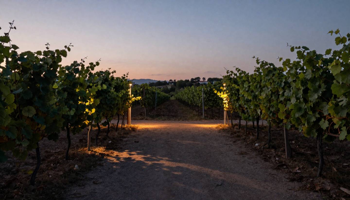 Quiet vineyard terrace in Napa Valley at dusk with soft light and long shadows, offering a private and romantic setting for a proposal.