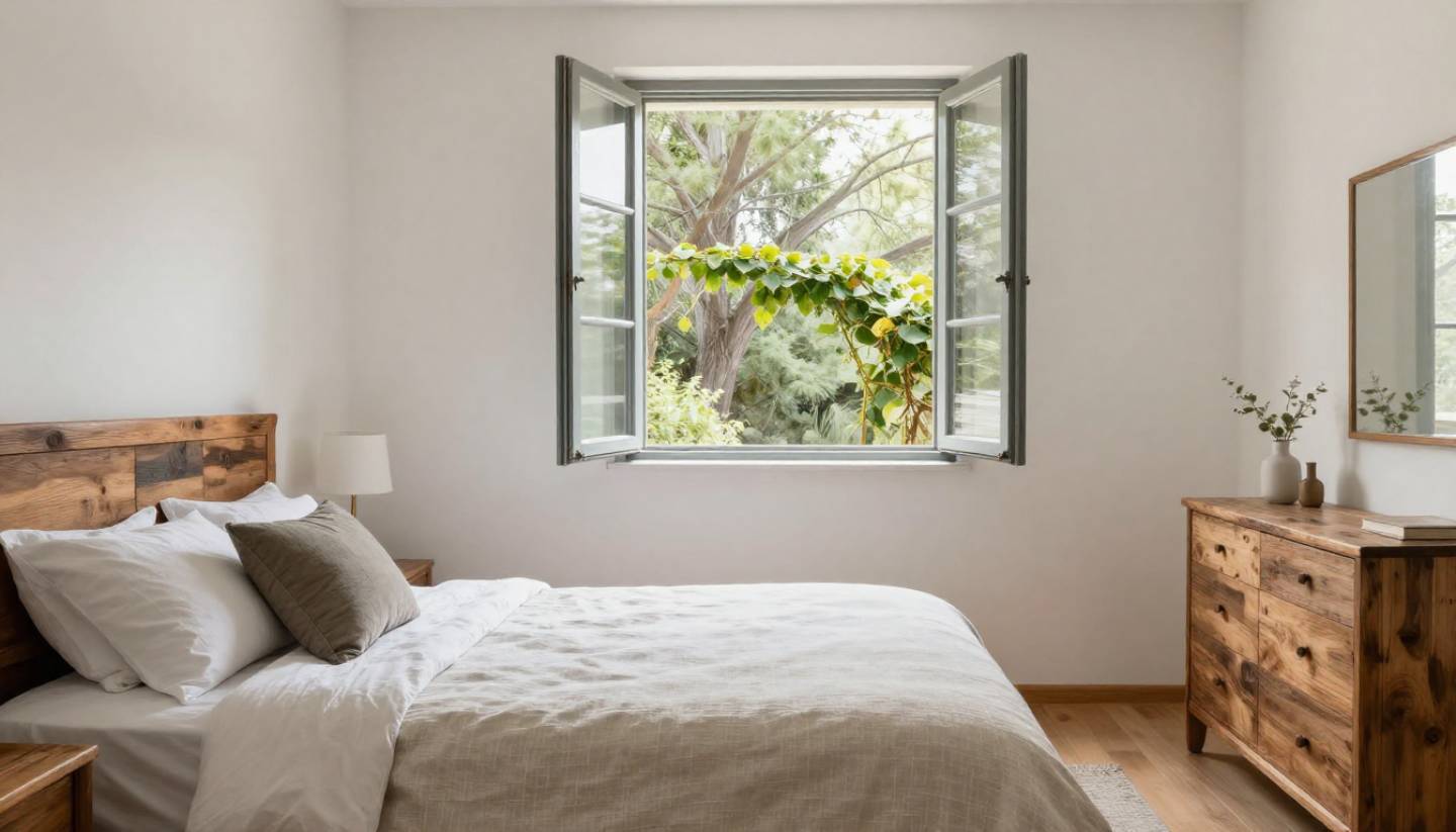Minimalist Napa Valley hotel room with natural light, linen bedding, and vineyard views designed for rest and digital detox.