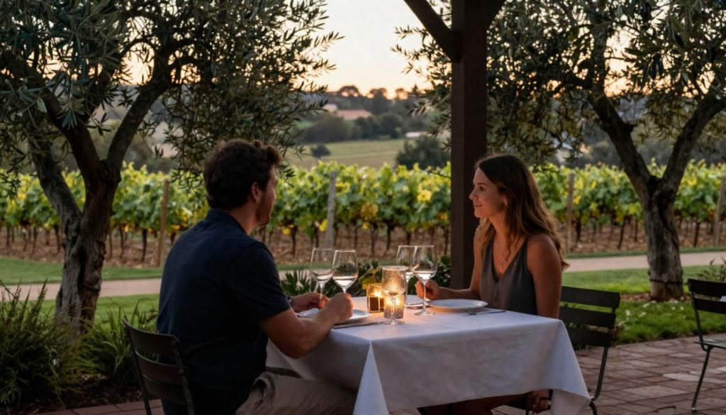 Outdoor dinner for two in Napa Valley with vineyard surroundings and soft evening light during an anniversary trip.