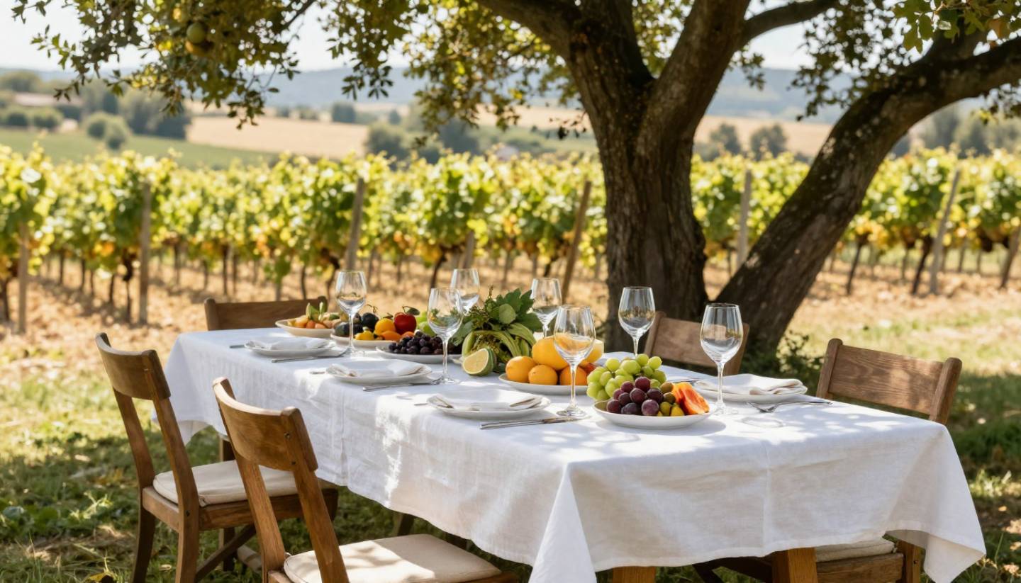 Outdoor long lunch in Napa Valley with seasonal food and vineyard views, ideal for a romantic anniversary trip.