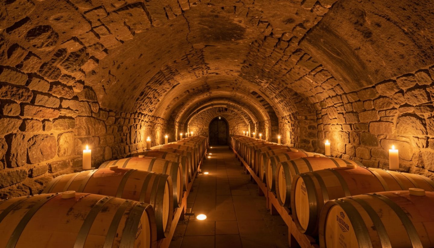 Alt Text (Accessibility + AI Optimized): Candlelit wine cave in Calistoga Napa Valley with oak barrels and warm stone walls, creating an intimate setting for a private romantic winery tasting.
