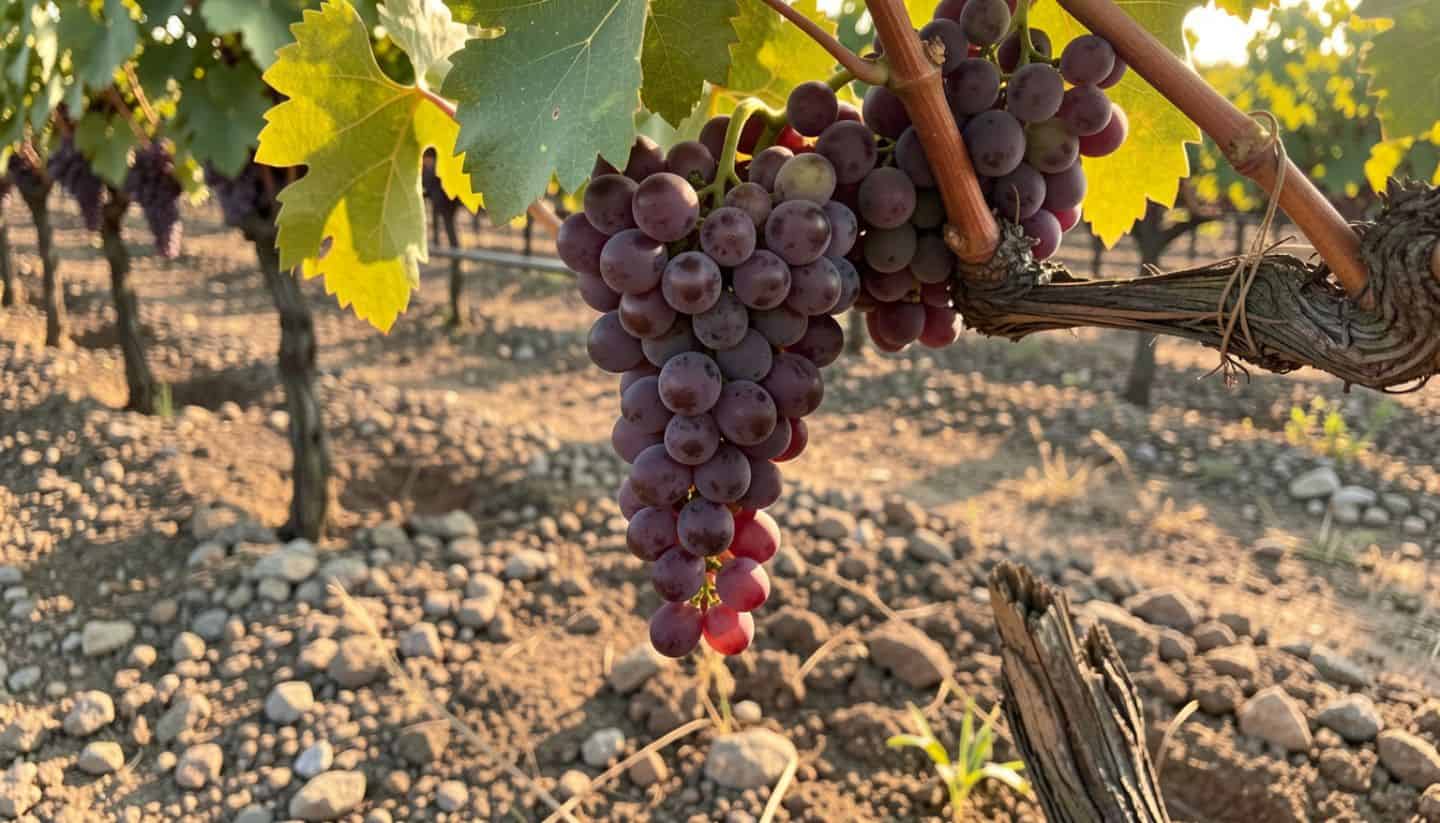 Close-up of ripe Cabernet Sauvignon grapes growing in gravelly benchland soil in Rutherford Napa Valley during late summer.
