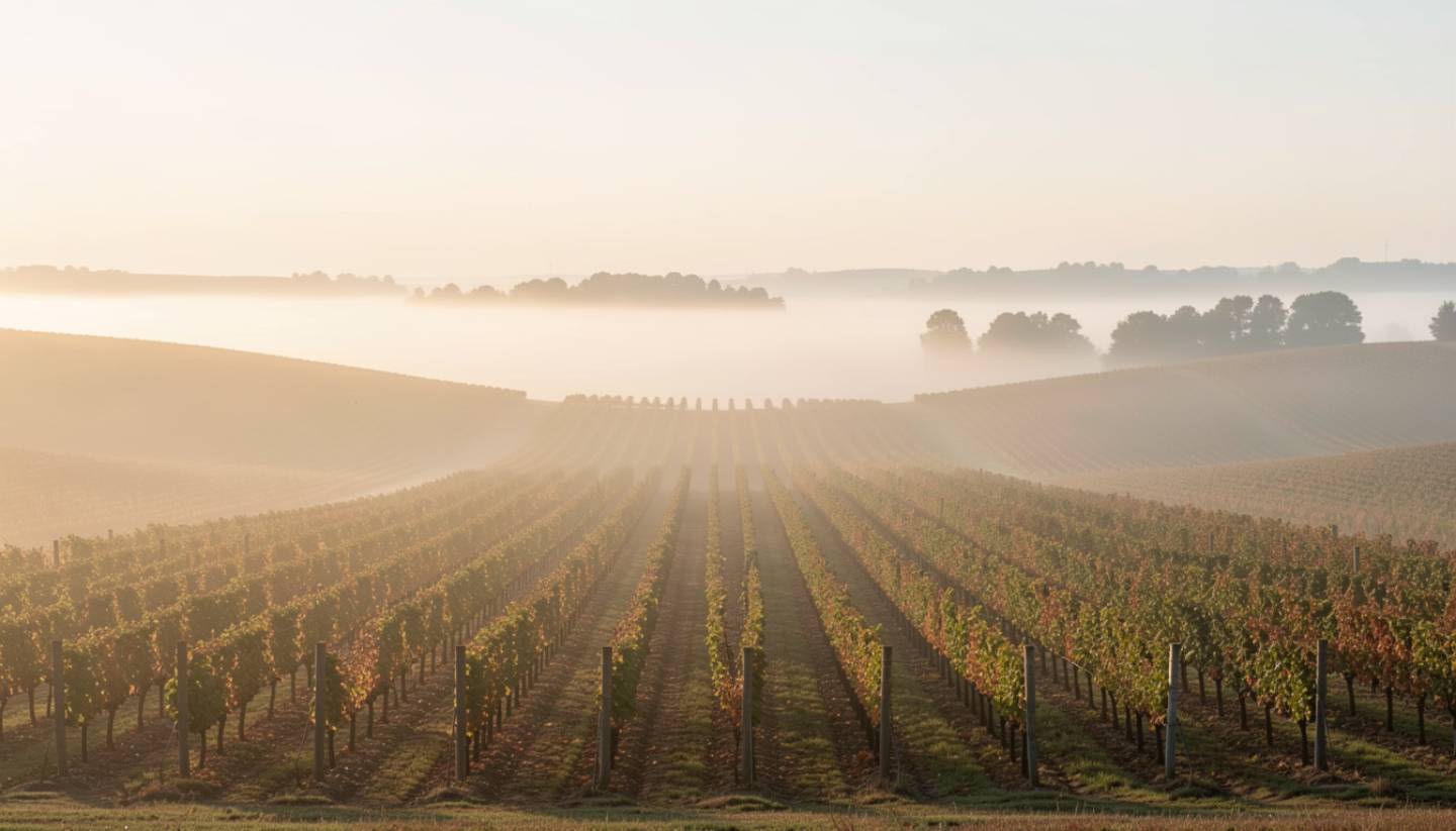 Morning fog lifting over vineyard rows in the Rutherford benchlands of Napa Valley, creating a private and serene atmosphere for a proposal.