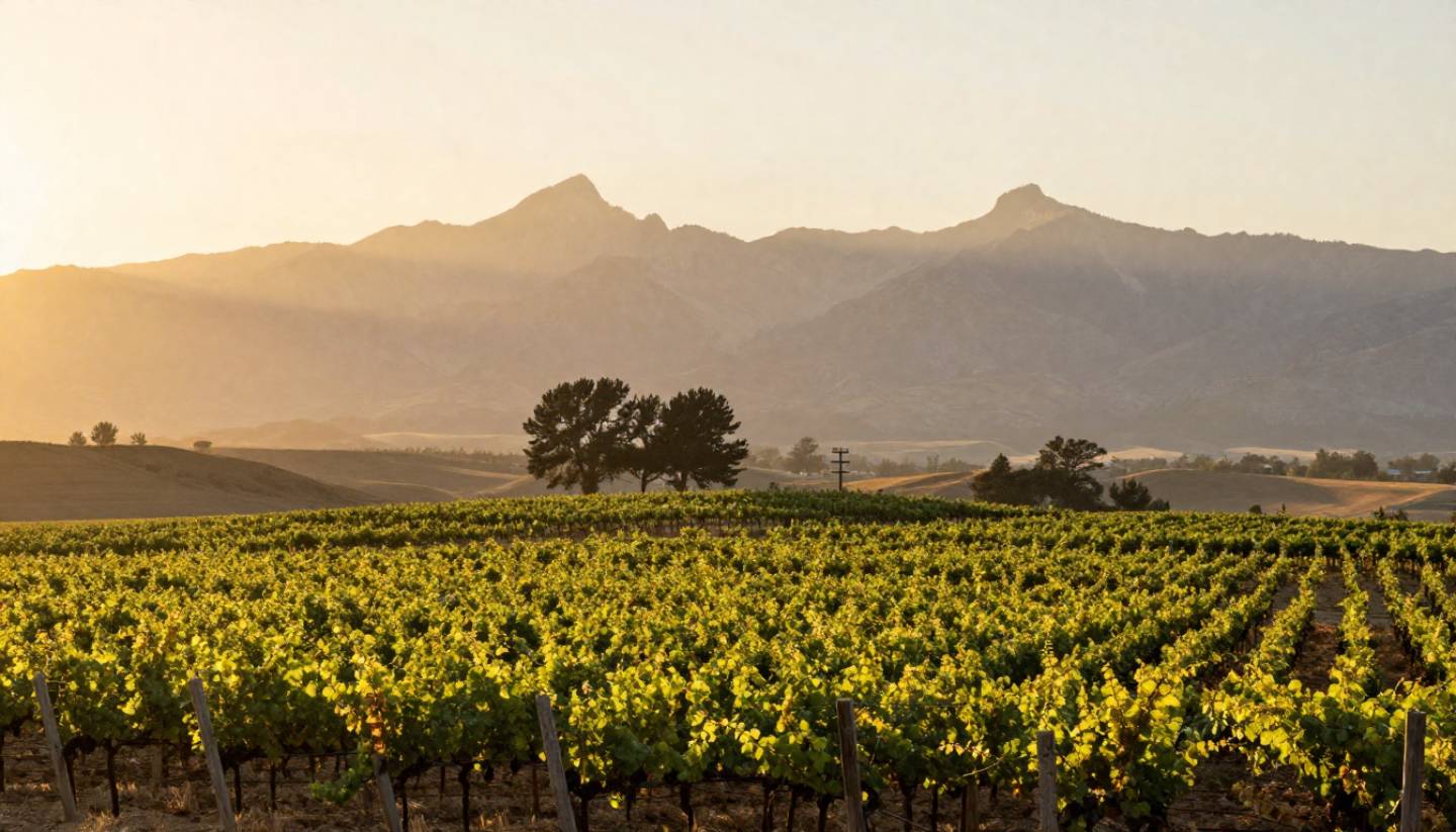 Vineyard rows in the Rutherford Benchlands at dusk, with golden light fading over the hills and long shadows stretching across the vines