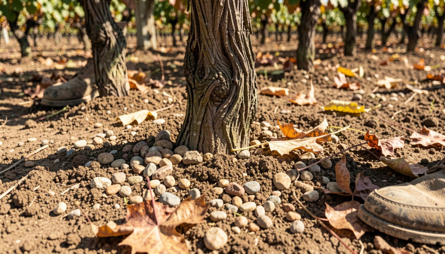 Close-up of vineyard soil and walking boots in Napa Valley, highlighting the agricultural details of walking through vineyard rows.