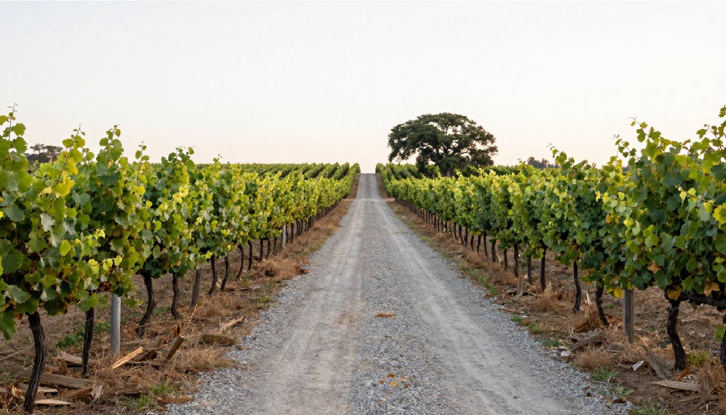 Quiet vineyard back road in Rutherford Napa Valley with grapevines on both sides, illustrating travel away from main highways.
