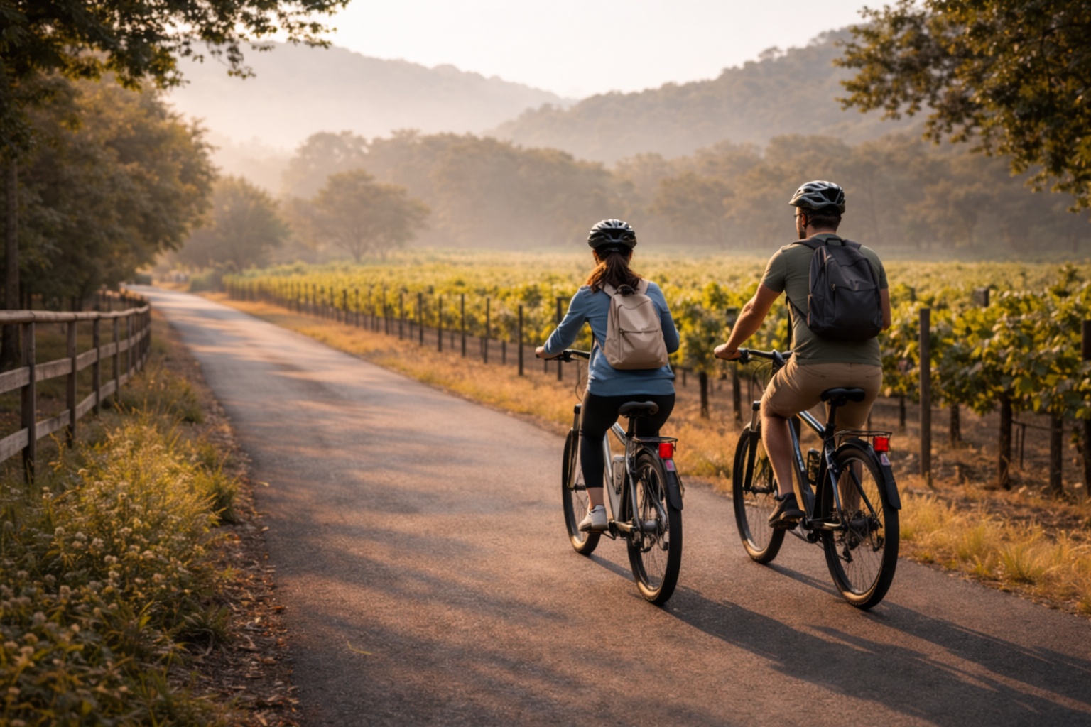Electric bikes riding along the Napa Valley Vine Trail in the early morning with vineyard rows and soft light, showing a relaxed way to explore wine country.