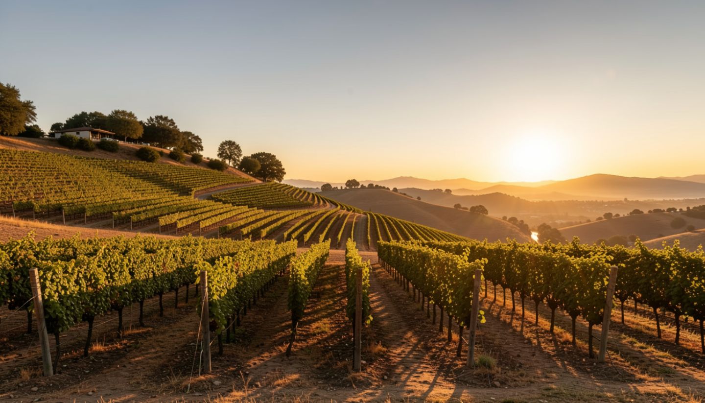 West-facing vineyard in Rutherford or St. Helena during golden hour with side-lit vine rows and warm evening light.