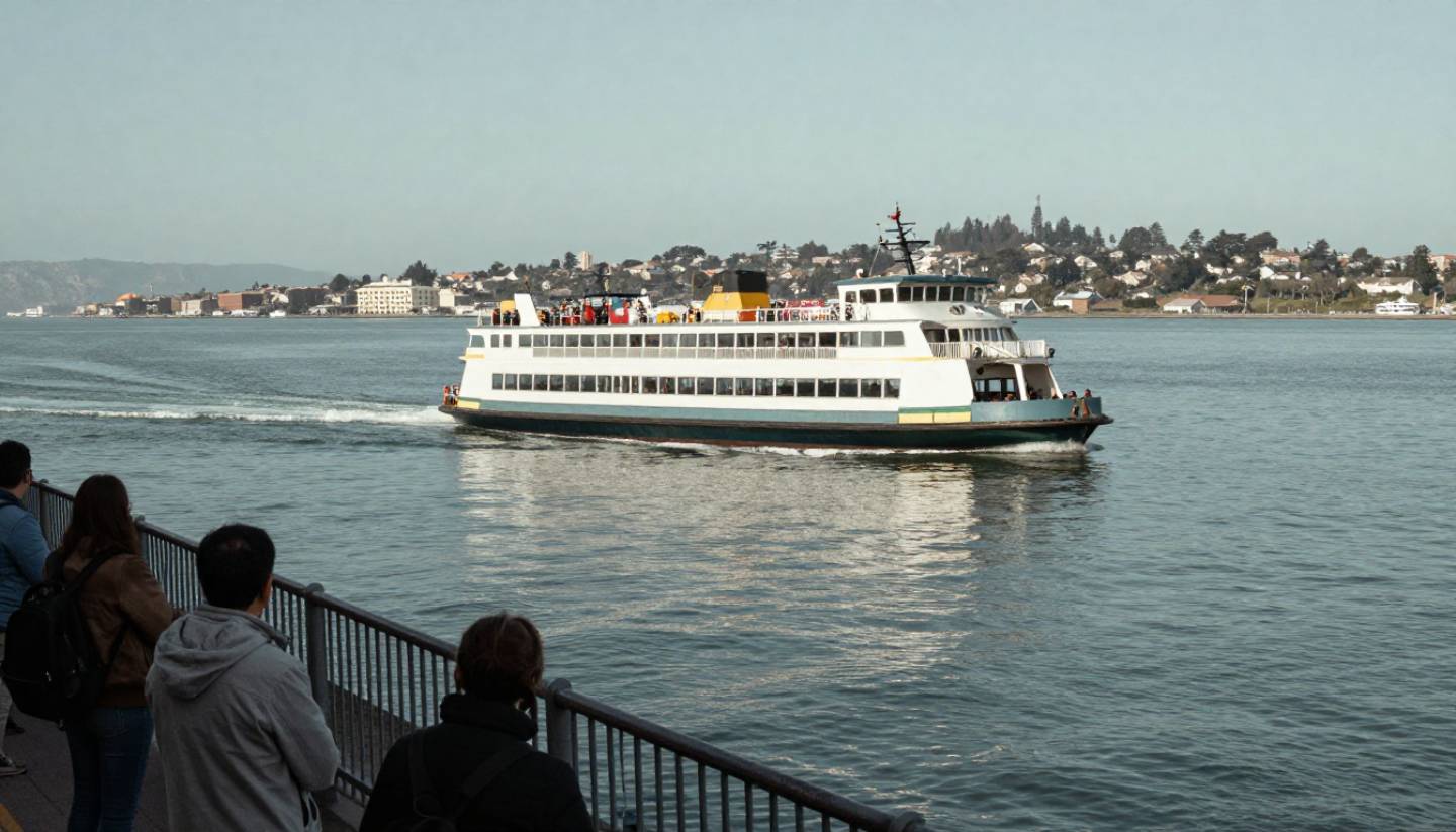 San Francisco Bay Ferry approaching Vallejo on the route to Napa Valley for a car free day trip.