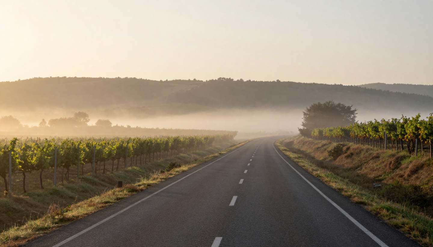 Early morning drive from San Jose and the South Bay toward Napa Valley with fog lifting and vineyards appearing ahead.