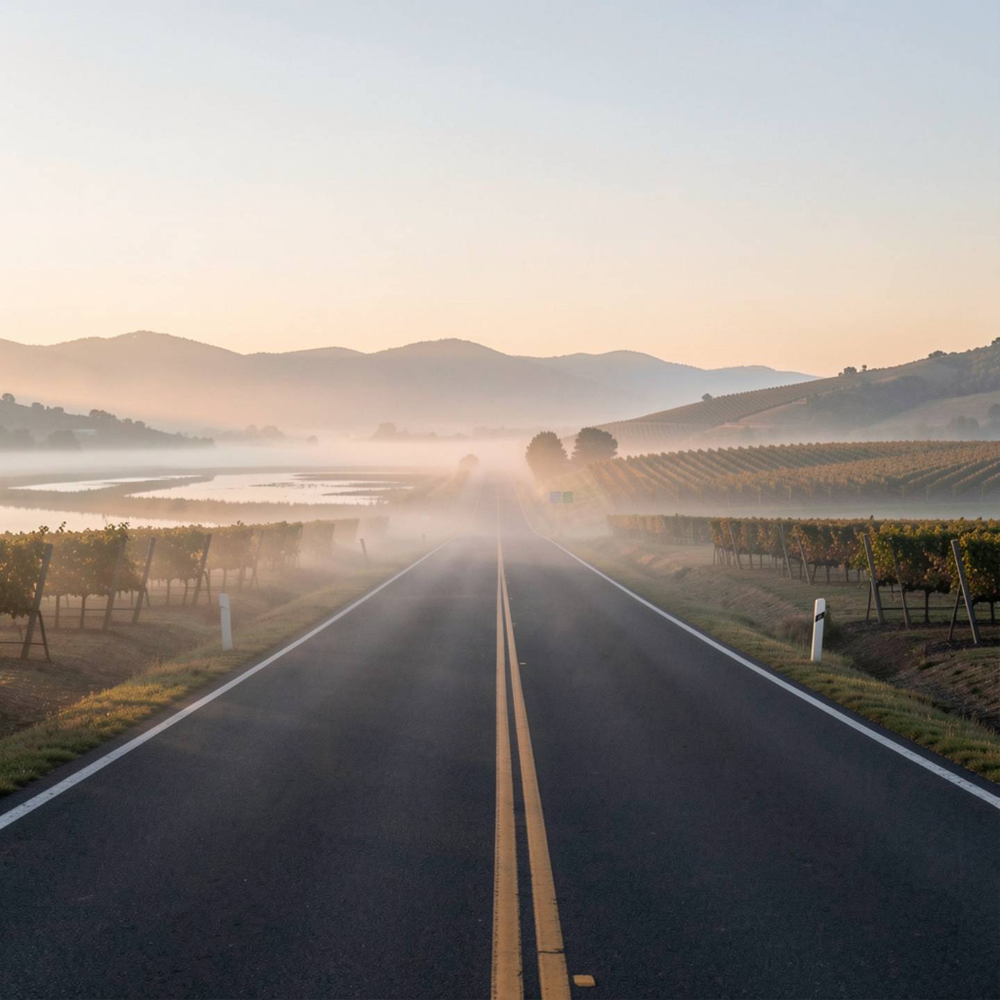 Early morning drive from San Jose toward Napa Valley with fog lifting over open wetlands and vineyards appearing in the distance.