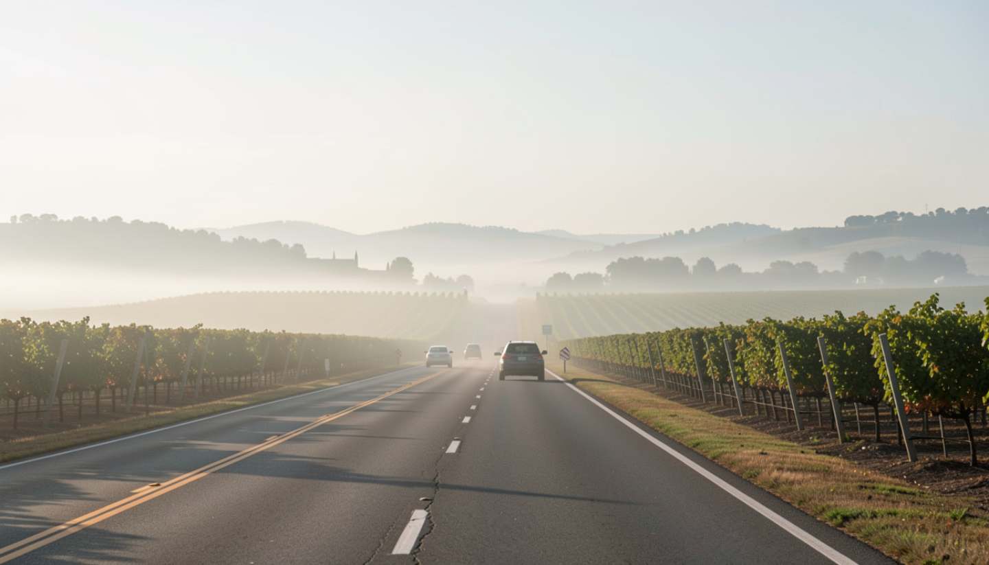 Morning drive from San Mateo County into Napa Valley with fog lifting and vineyard rows coming into view.