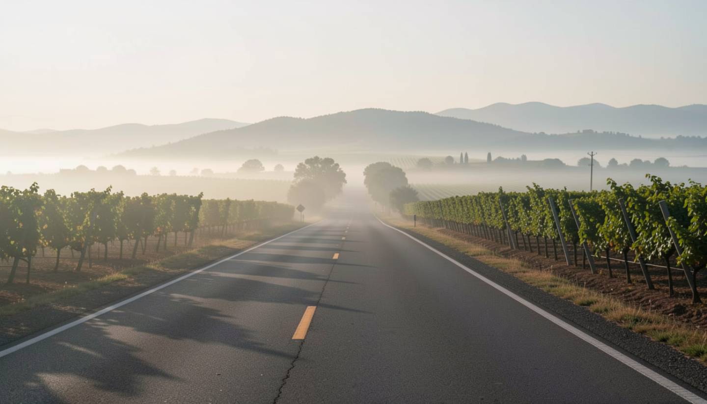 Early morning drive from San Mateo County toward Napa Valley with fog lifting and vineyard rows ahead.