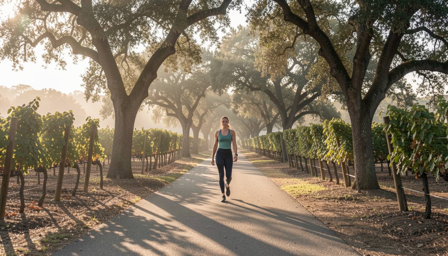A person walking along the Yountville Walking Path in Napa Valley with vineyards and oak trees under soft morning light.