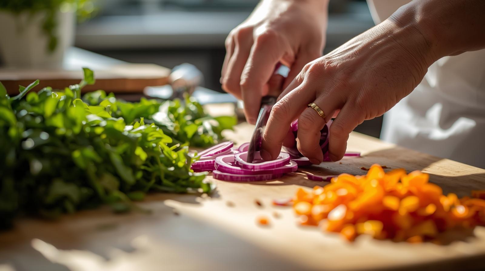  Fresh seasonal vegetables being prepared in a Napa Valley kitchen for plant based cooking.