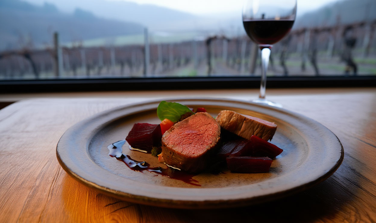 Seasonal Napa Valley restaurant dish designed for wine pairing, photographed at table height with a wine glass in the background.