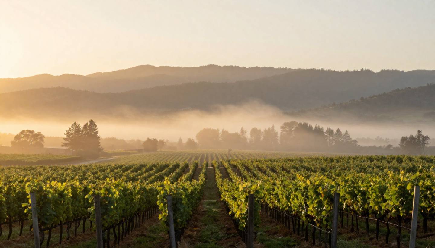 Sunrise light over Napa Valley vineyards with low fog between vine rows and mountains in the background, captured in the early morning before crowds arrive.
