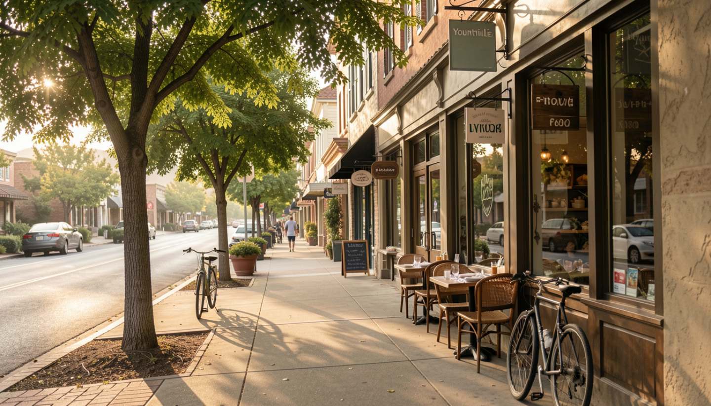 Walkable dining street in Yountville, Napa Valley, with shaded sidewalks, restaurants, and bicycles during a calm afternoon.
