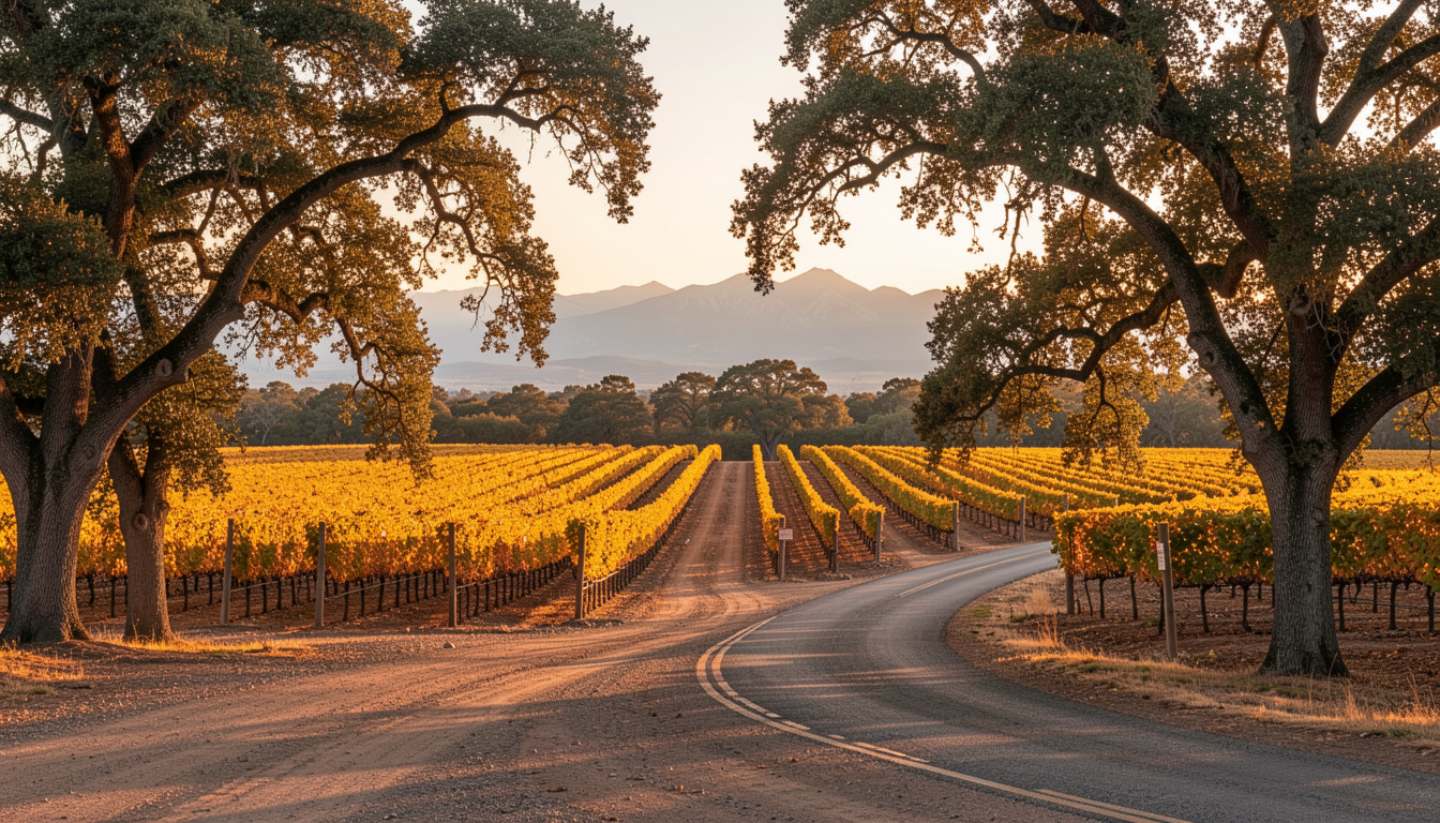Afternoon sunlight over vineyards along Silverado Trail in Napa Valley with oak trees and mountain views.
