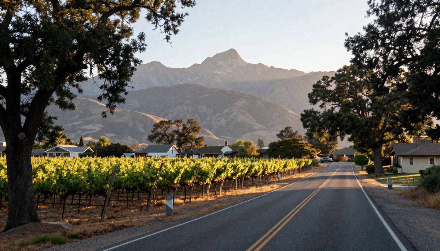 Afternoon sunlight over vineyards along Silverado Trail in Napa Valley with oak trees and mountain views.