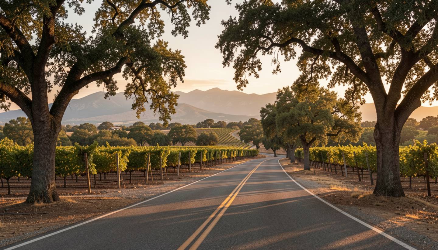 Afternoon light over vineyard rows along Silverado Trail in Napa Valley with oak trees and hillside views.