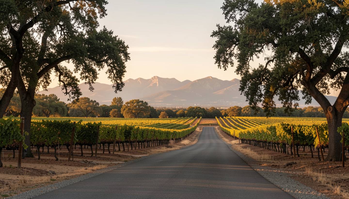Afternoon light over vineyards along Silverado Trail in Napa Valley with oak trees and mountain views.