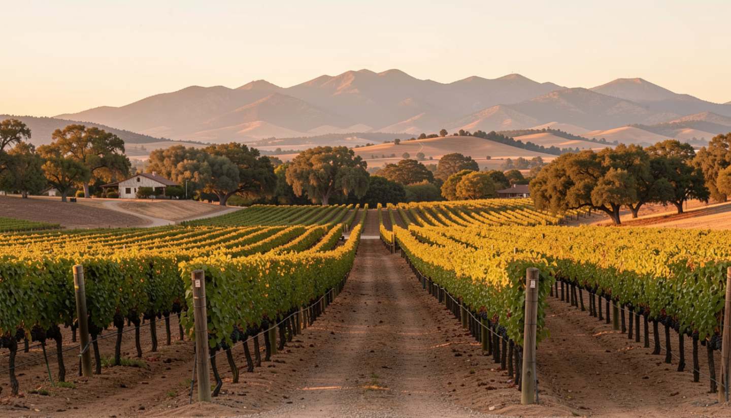 Soft afternoon light over vineyards along Silverado Trail in Napa Valley with oak trees and mountain views.