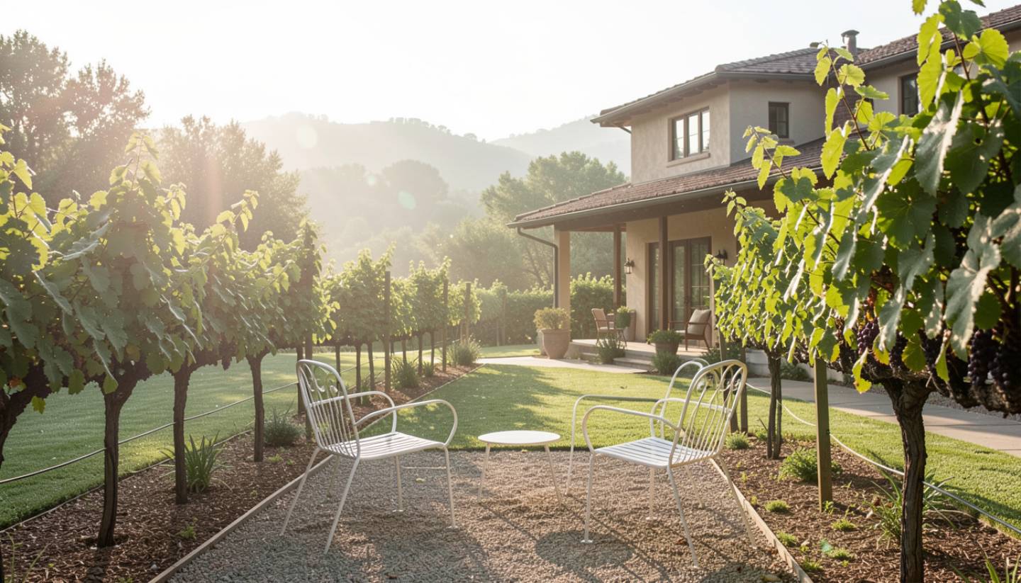 Boutique hotel patio near vineyards along Silverado Trail in Napa Valley, showing a peaceful, vineyard-adjacent lodging experience.