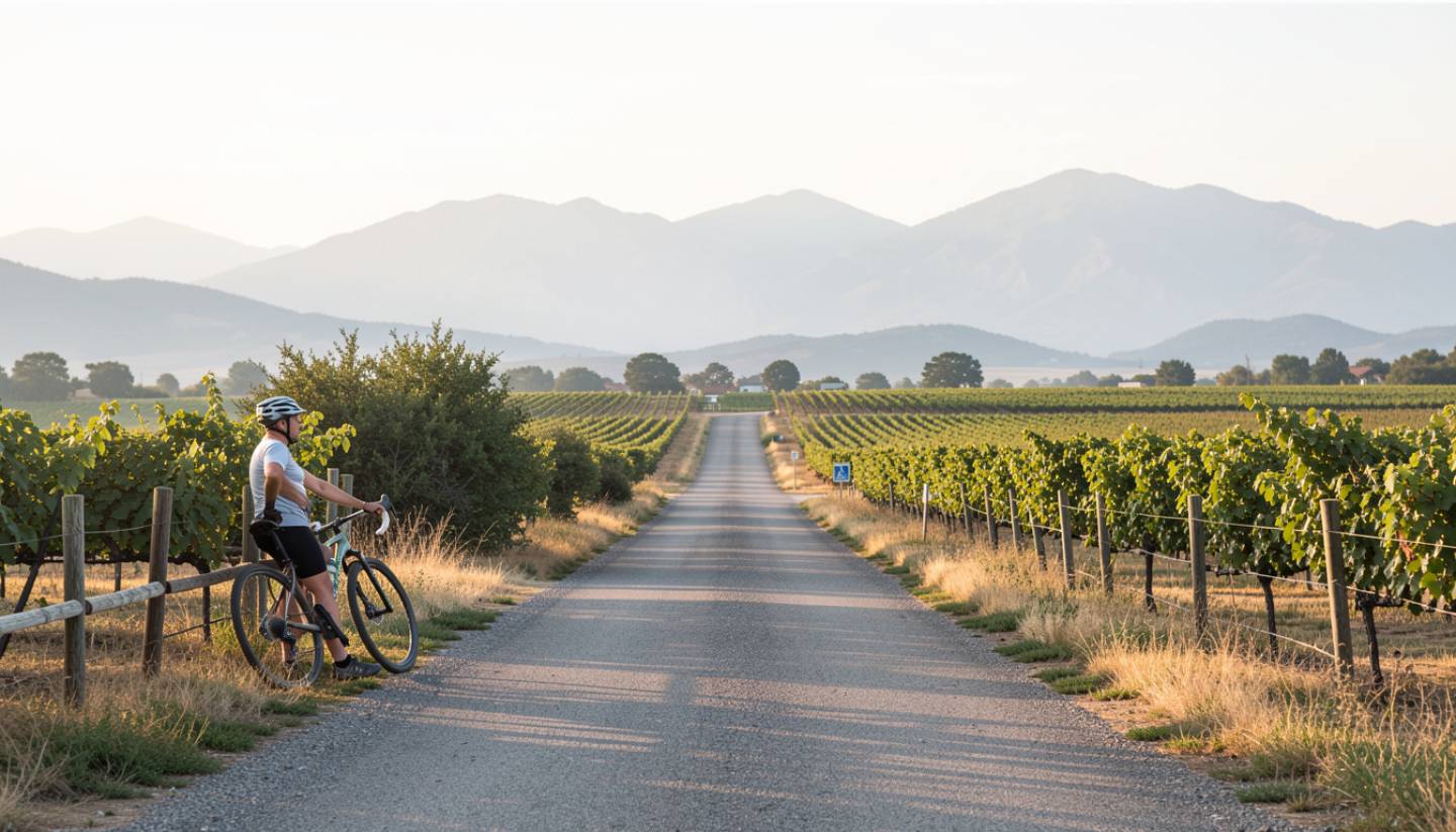 Bicycle resting beside a vineyard along Silverado Trail in Napa Valley during a quiet morning, highlighting cycling as a way to explore wine country.