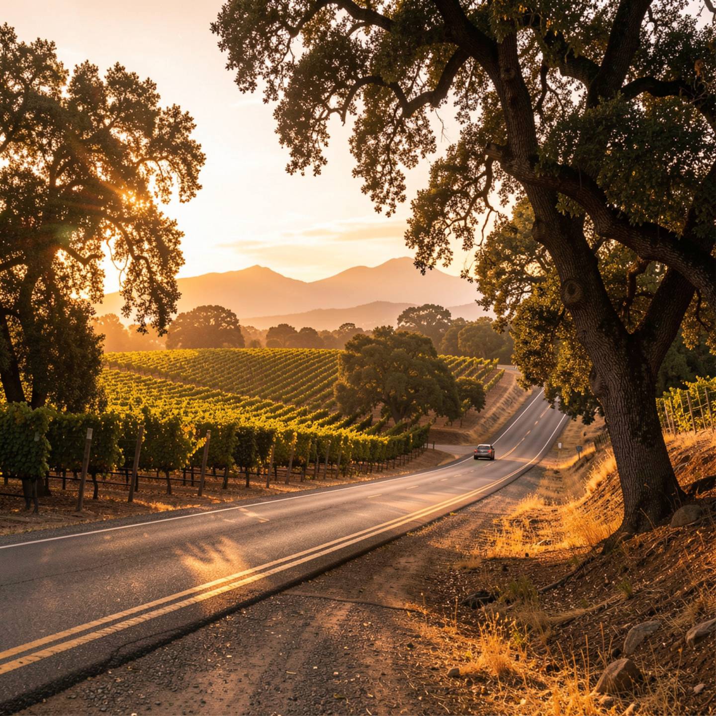 Late afternoon sunlight over vineyards along Silverado Trail in Napa Valley with oak trees and the Mayacamas Mountains in the background.