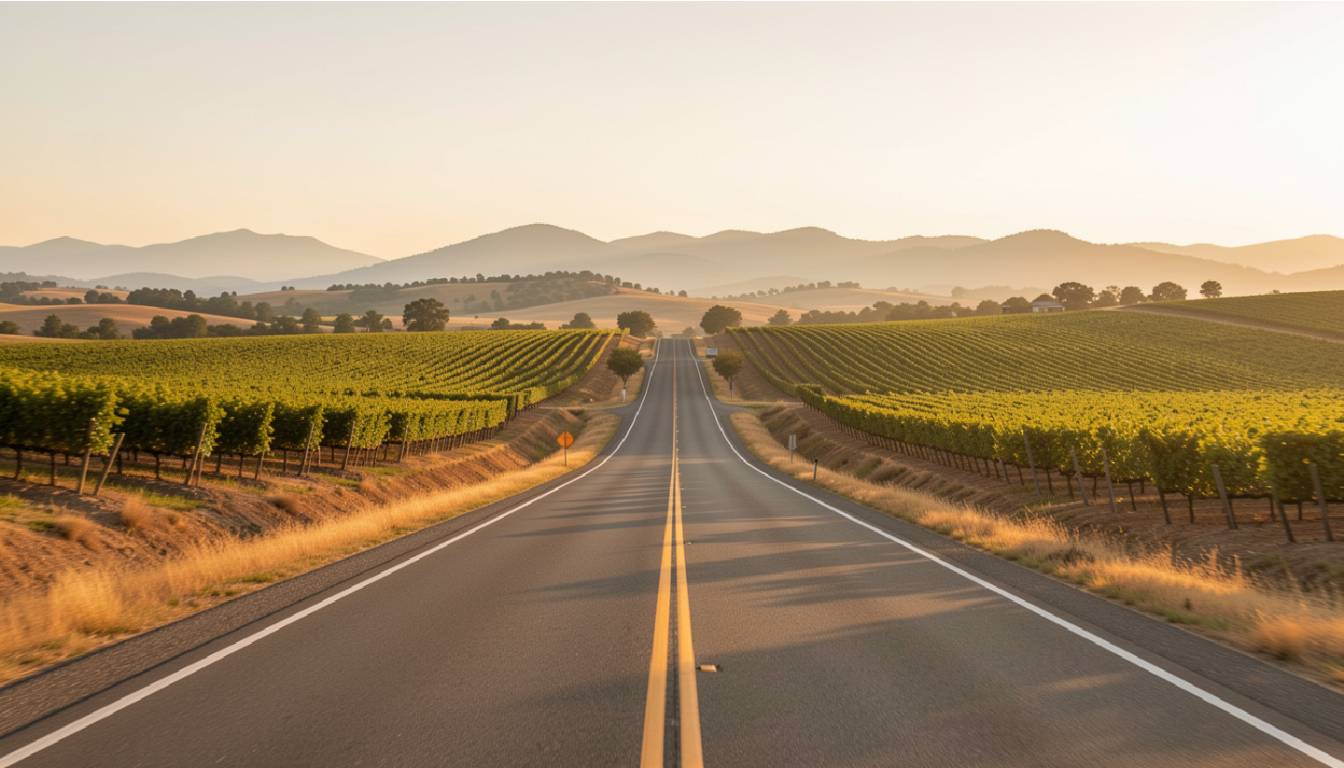 Scenic drive along Silverado Trail in Napa Valley with vineyards and an empty road, illustrating a slow paced itinerary with one winery visit per day.