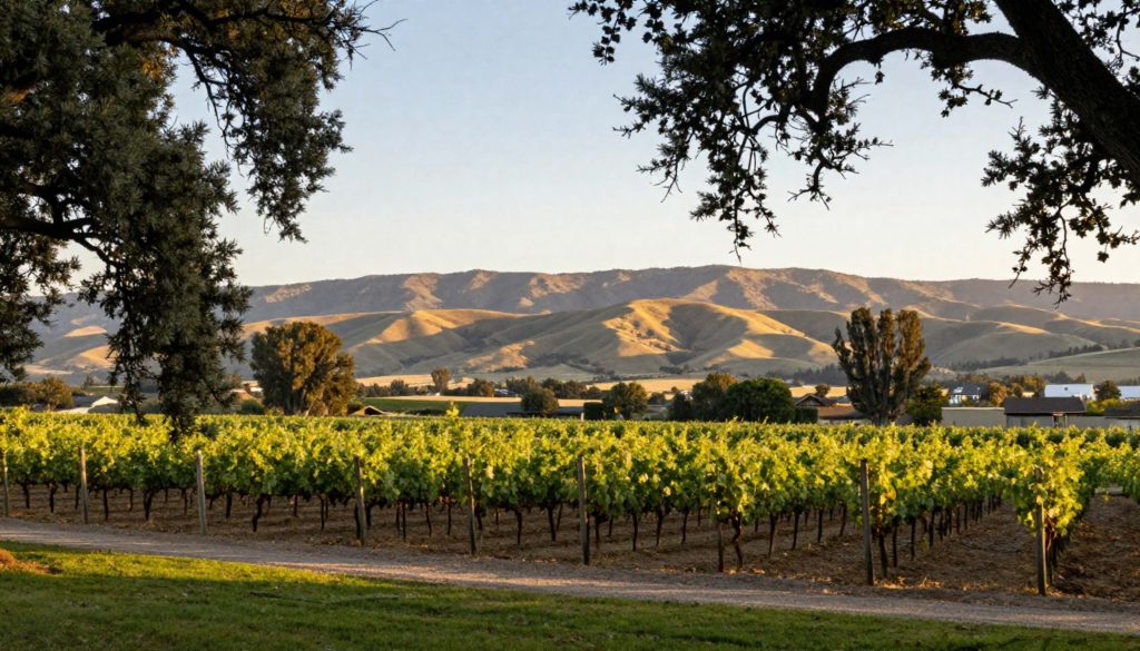 Afternoon sunlight over vineyards along Silverado Trail in Napa Valley with oak trees and mountain views.