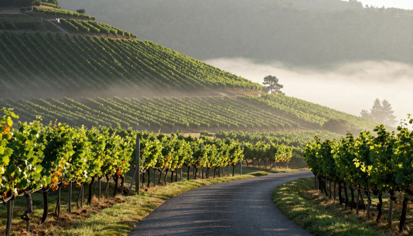 Scenic Silverado Trail drive in Napa Valley with vineyard rows and hillside elevation, illustrating the location and landscape of boutique wineries on the east side of the valley.