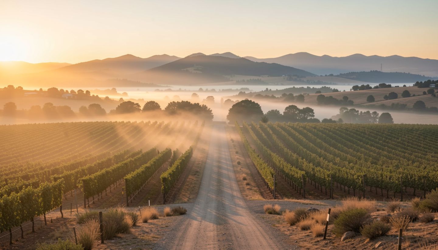 Dawn view of Napa Valley vineyards from the Silverado Trail with fog moving across the valley floor and the Mayacamas mountains in soft morning light