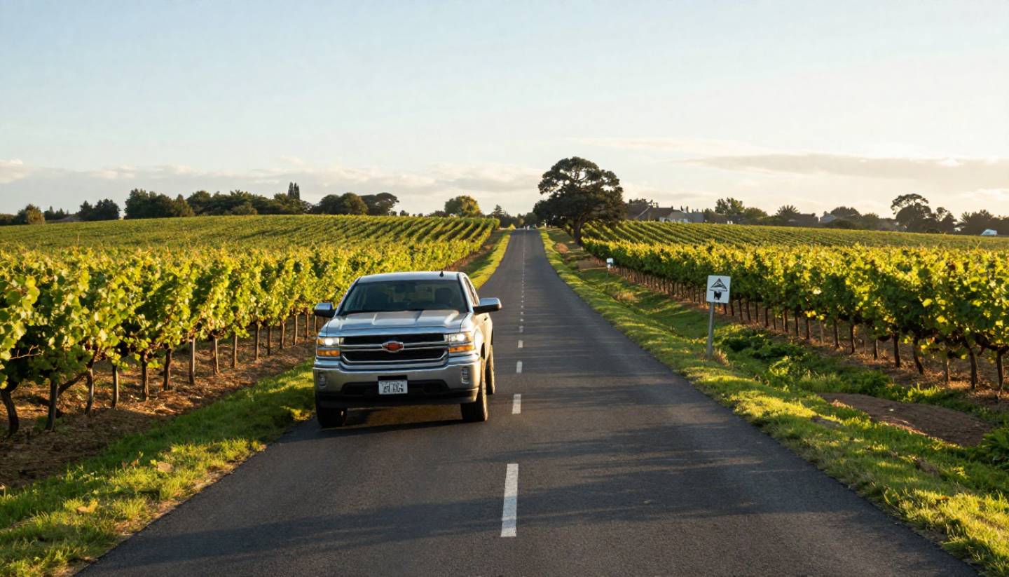 A scenic view along the Silverado Trail in Napa Valley with vineyards on both sides, showing a quiet road and restrained winery landscape associated with traditional wine regions.
