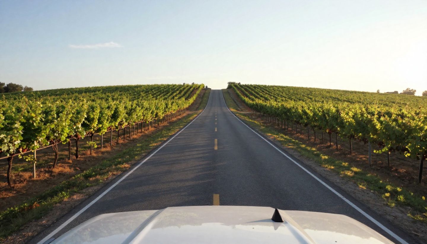 Scenic view along Silverado Trail in Napa Valley with vineyards lining the road, illustrating a relaxed mid-day drive between wineries.