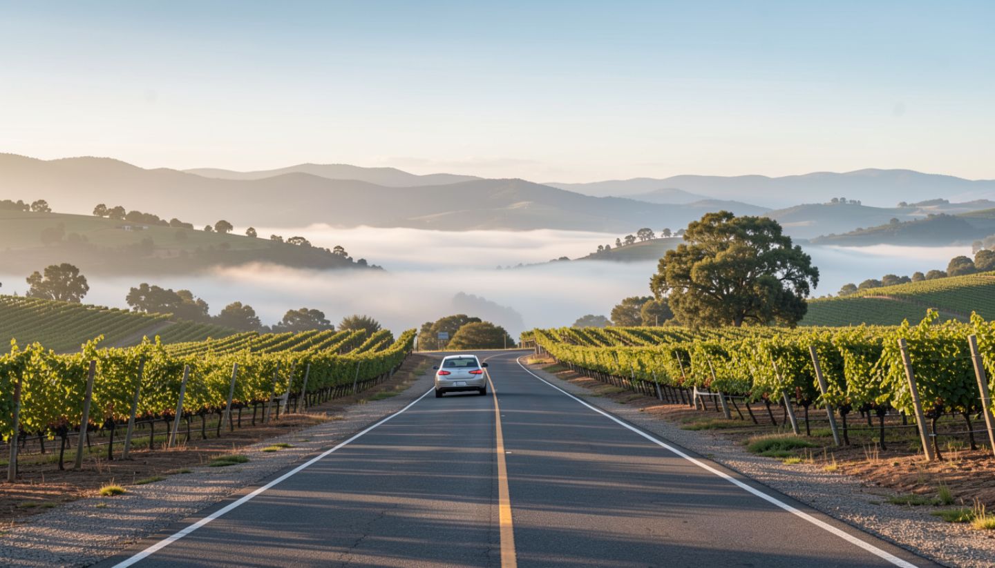 Scenic drive along Silverado Trail in Napa Valley with vineyard views, open landscape, and calm morning light ideal for family travel.