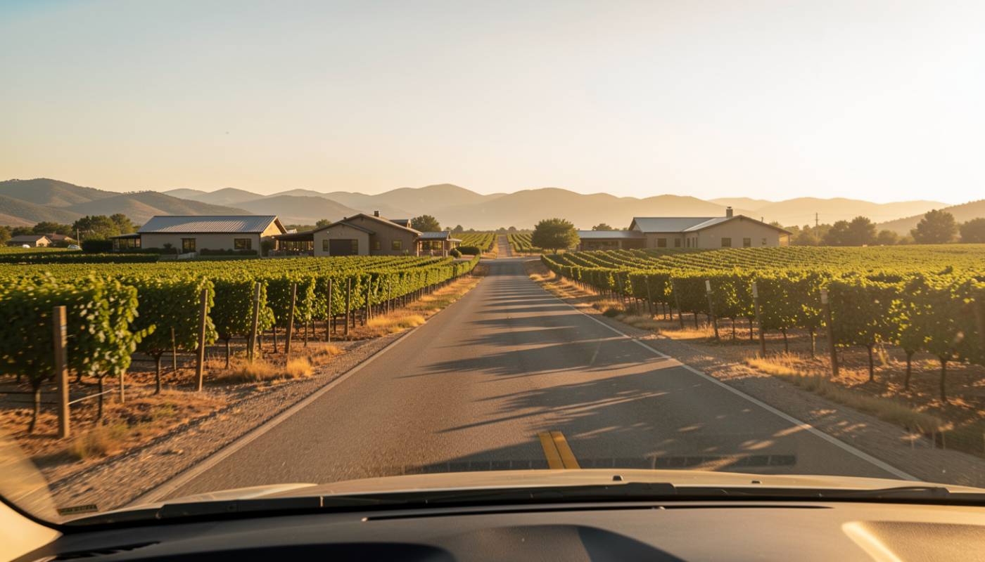 A scenic view of Napa Valley vineyards along the Silverado Trail in late afternoon light, showing quiet roads and low-profile winery buildings surrounded by vines.