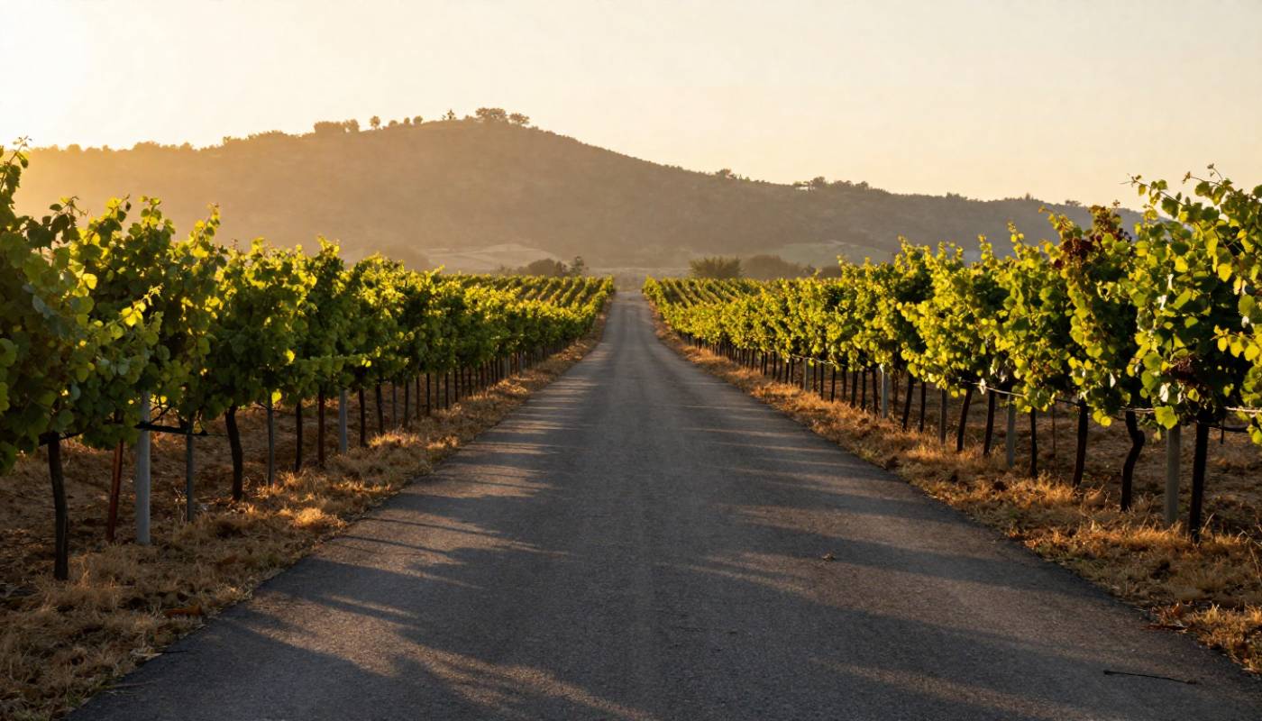 Empty Silverado Trail in Napa Valley at sunrise, with vineyards and soft morning light creating a quiet, peaceful start to the day.