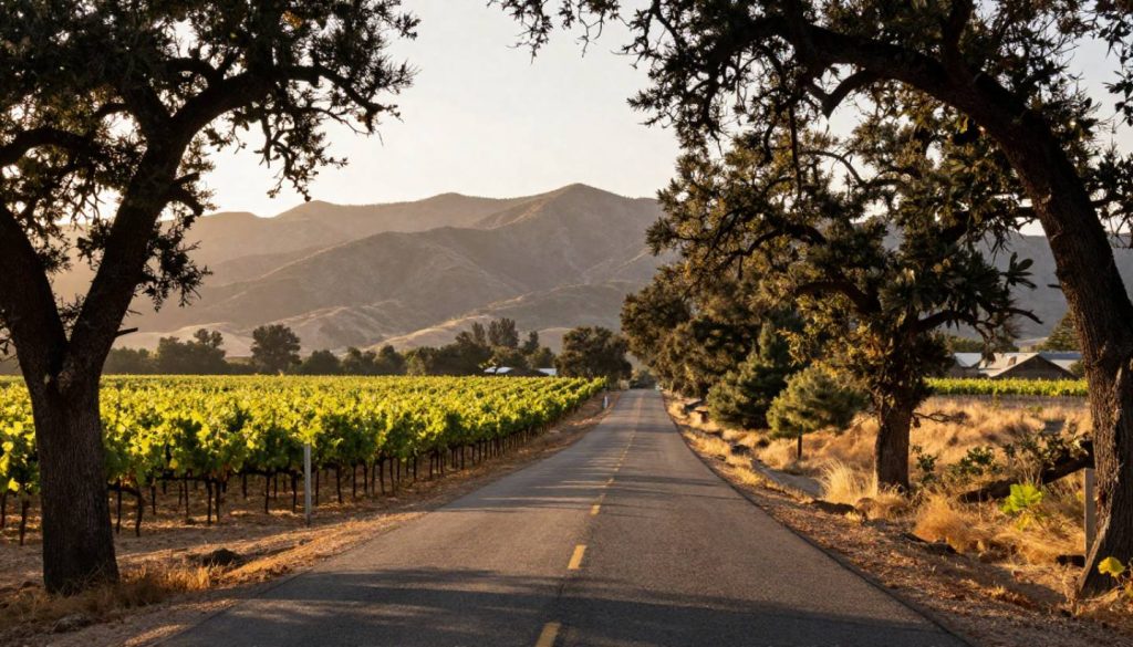 Afternoon sunlight over vineyards along Silverado Trail in Napa Valley with oak trees and mountain views, showing a scenic drive near hiking and outdoor areas.
