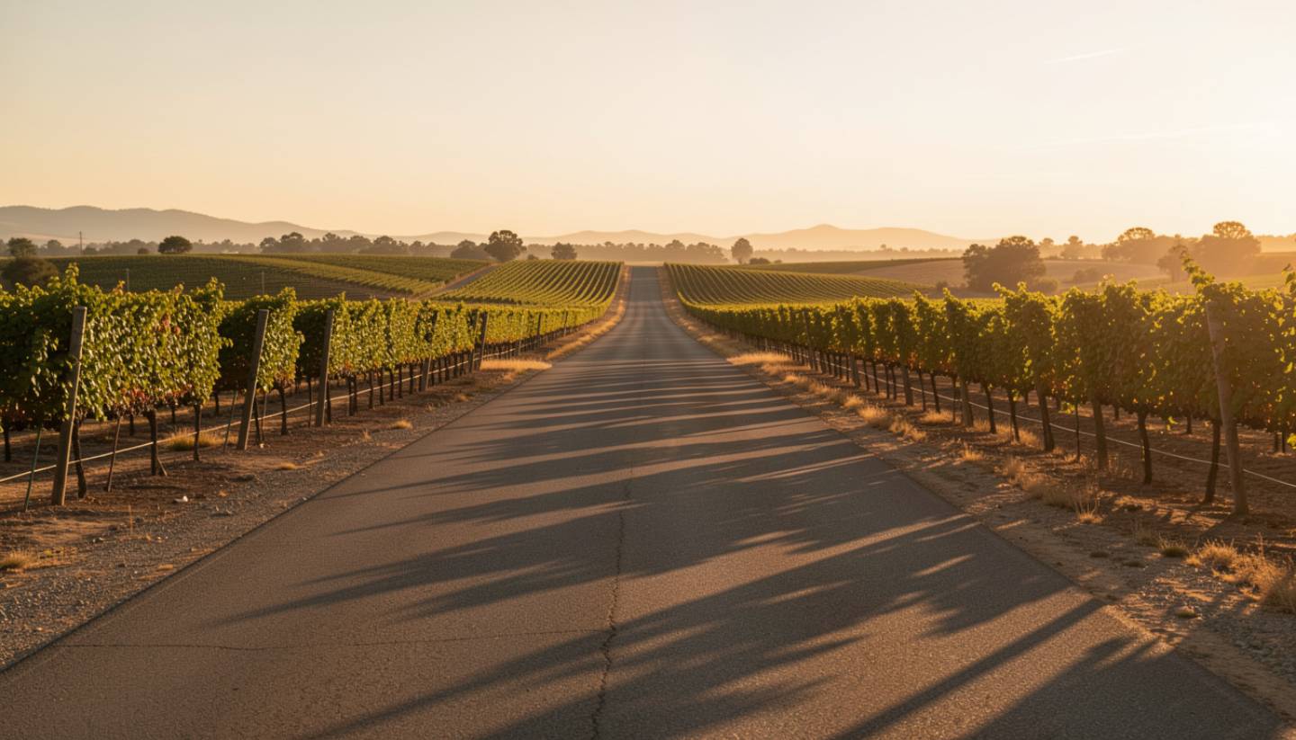 Empty stretch of Silverado Trail in Napa Valley at sunset with vineyard rows and soft light, illustrating a peaceful drive during an unplugged weekend.